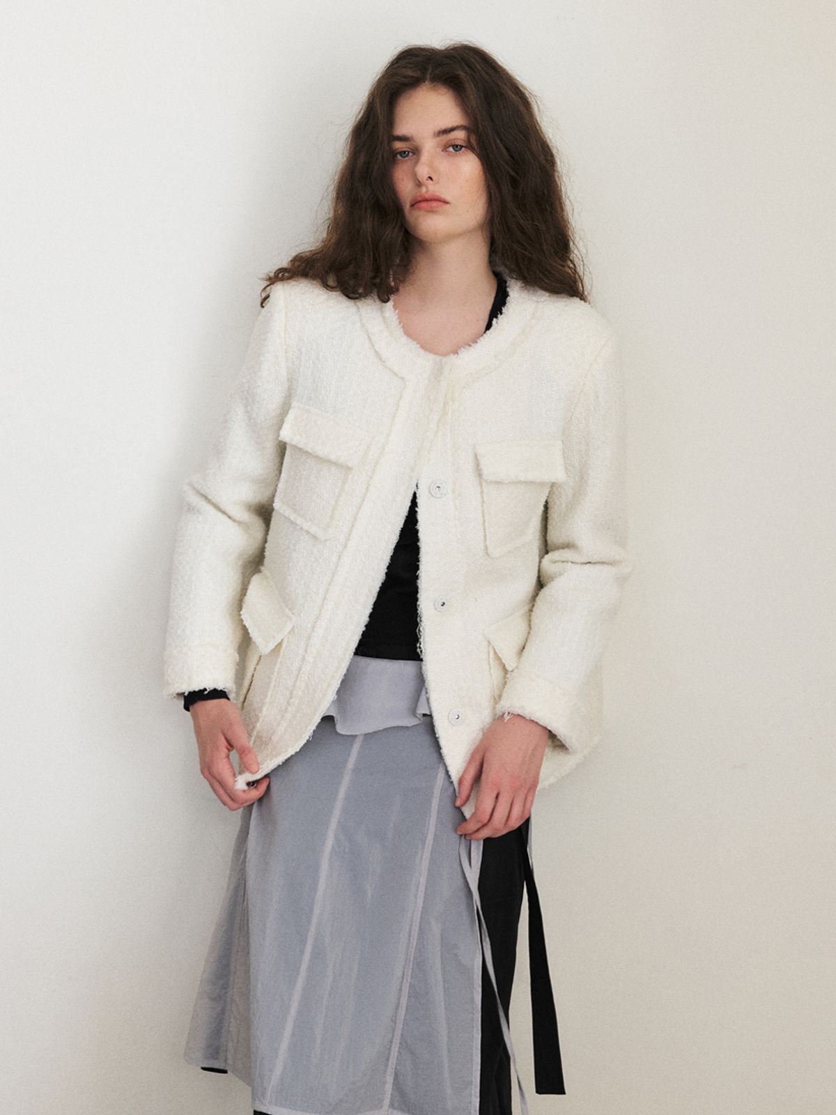에트몽(ETMON) Cut-Off Pocket Tweed Jacket, Ivory