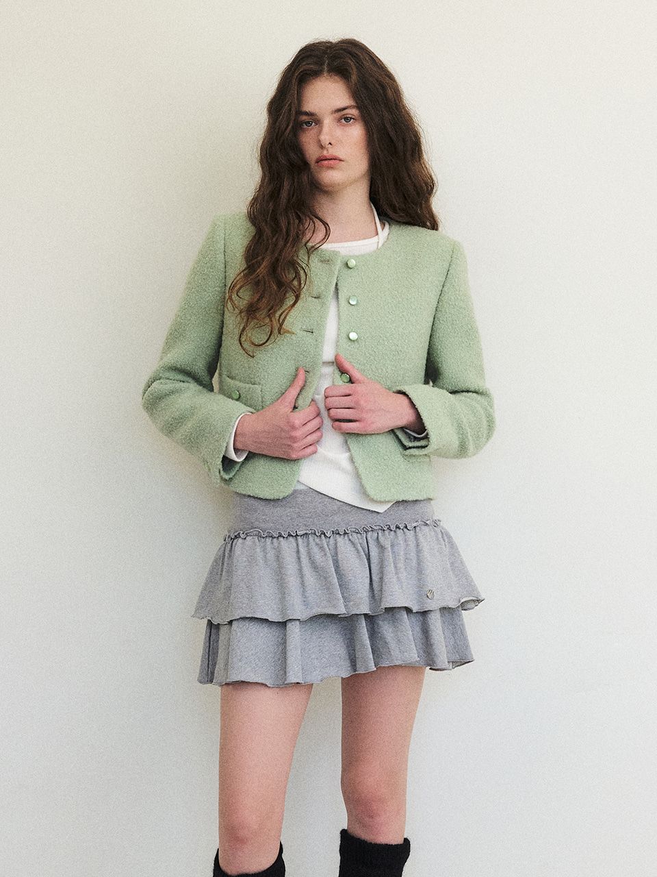 ジャケット ETMON Button Pointed Tweed Jacket, Light Green MUSINSA | ETMON Button Pointed Tweed Jacket, Light Green