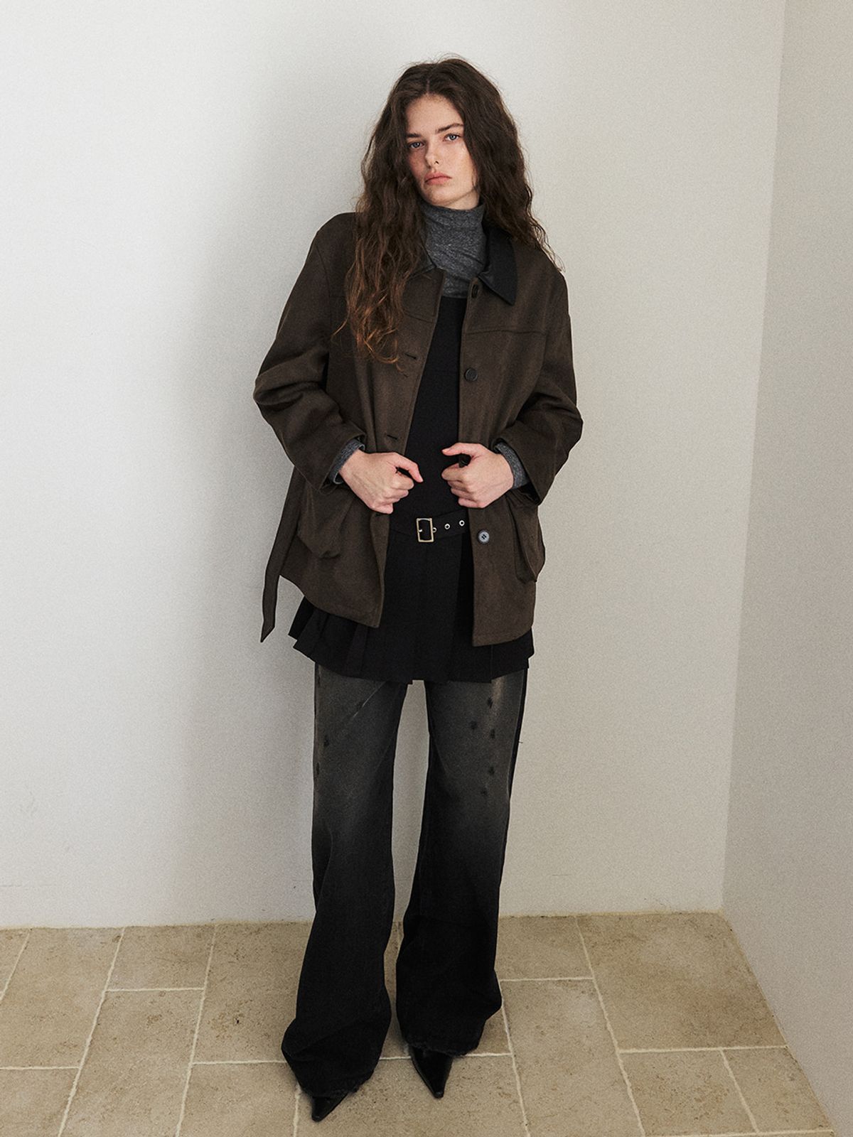 에트몽(ETMON) Belted Collar Suede Jacket Brown