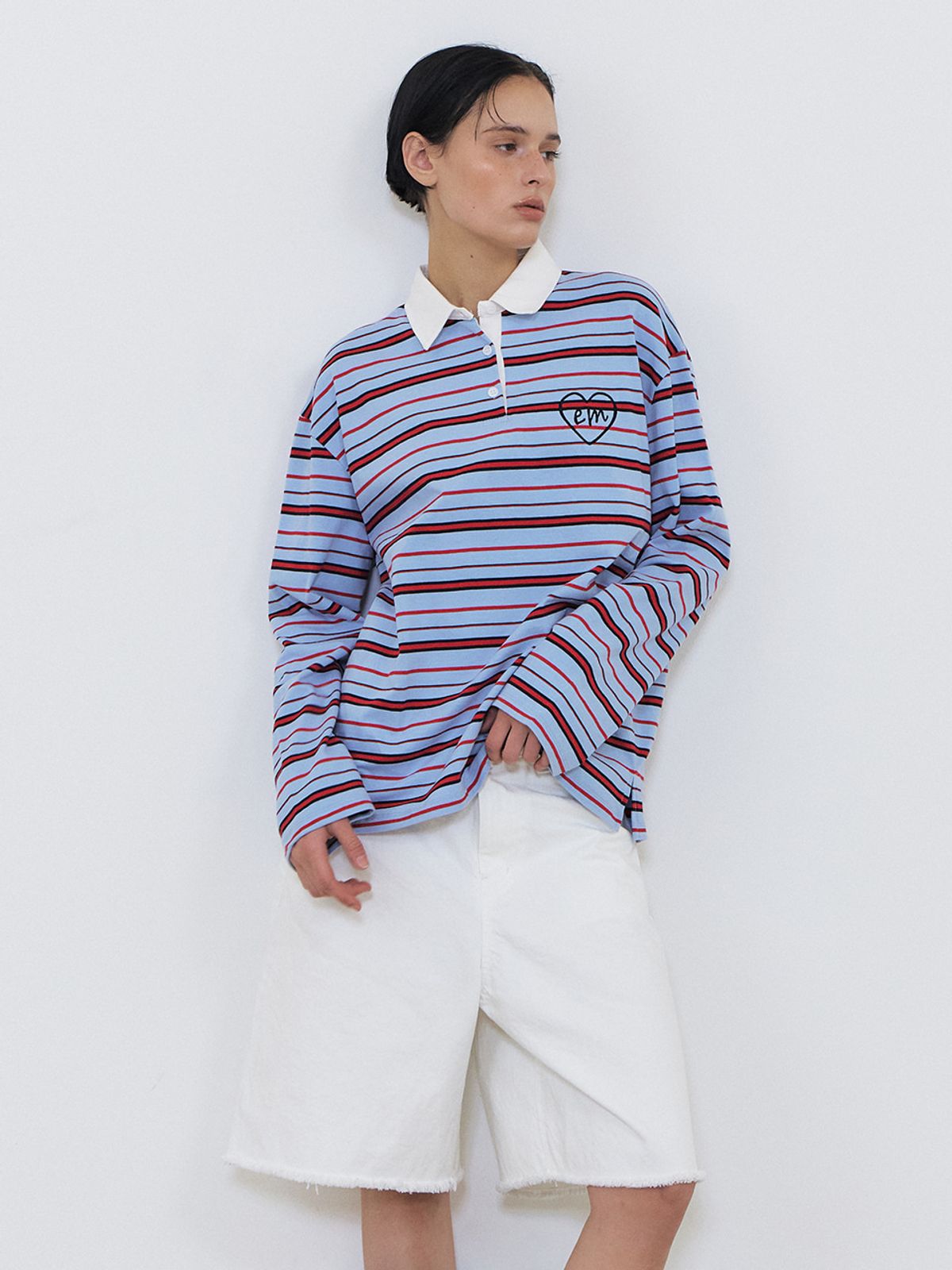에트몽(ETMON) Love Stripe Collared T-Shirt, Sky Blue