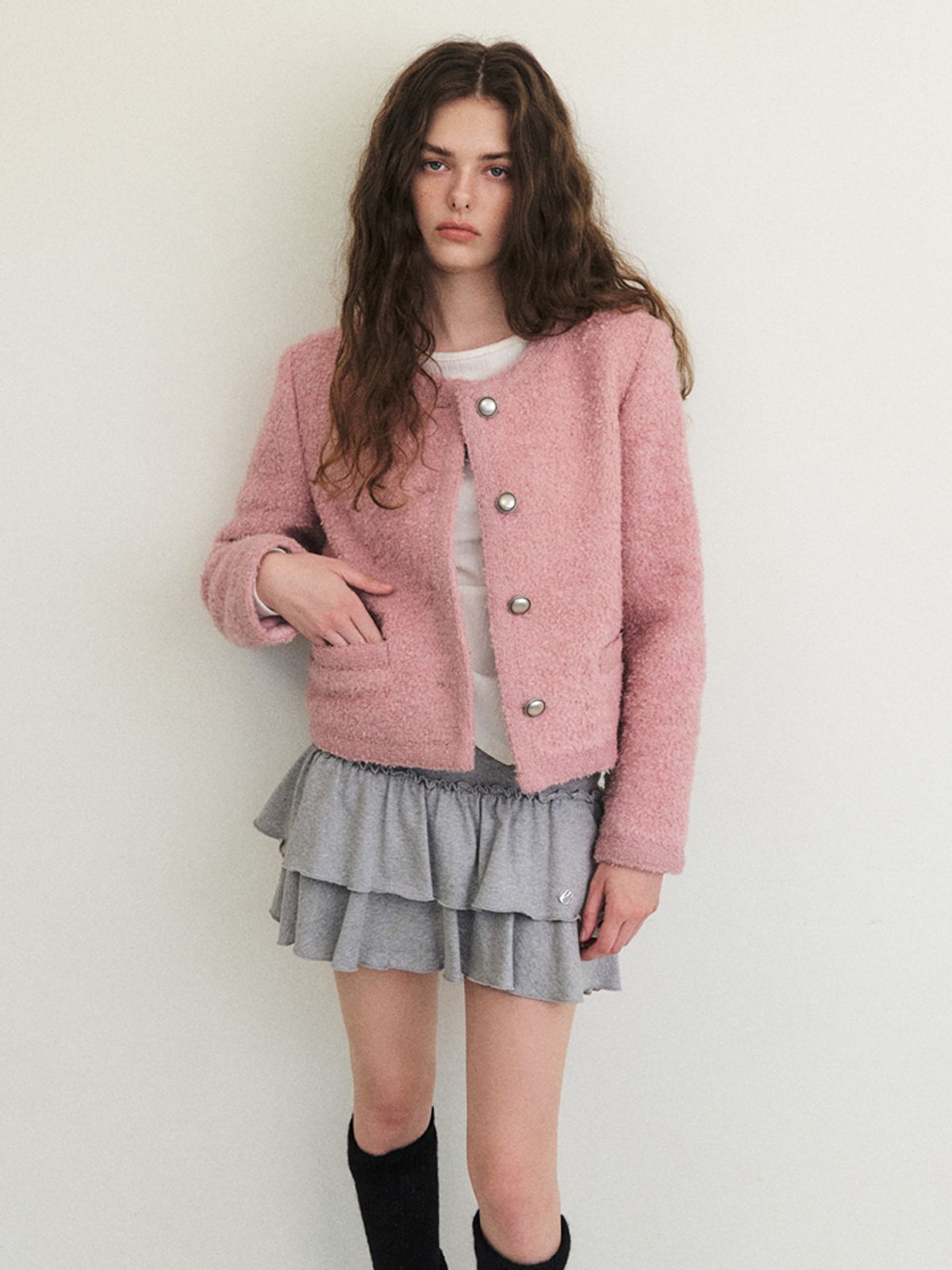에트몽(ETMON) Trimmed Tweed Fur Jacket, Dust Pink