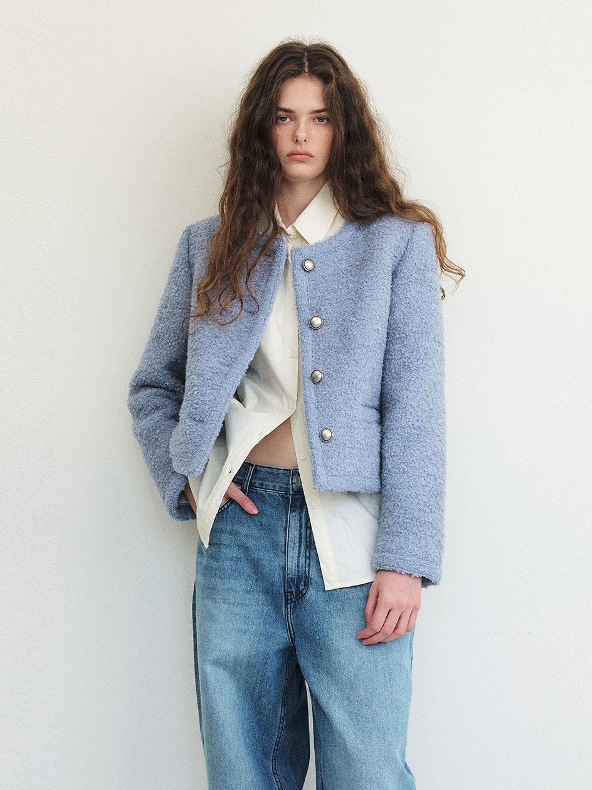 에트몽(ETMON) Trimmed Tweed Fur Jacket, Sky Blue