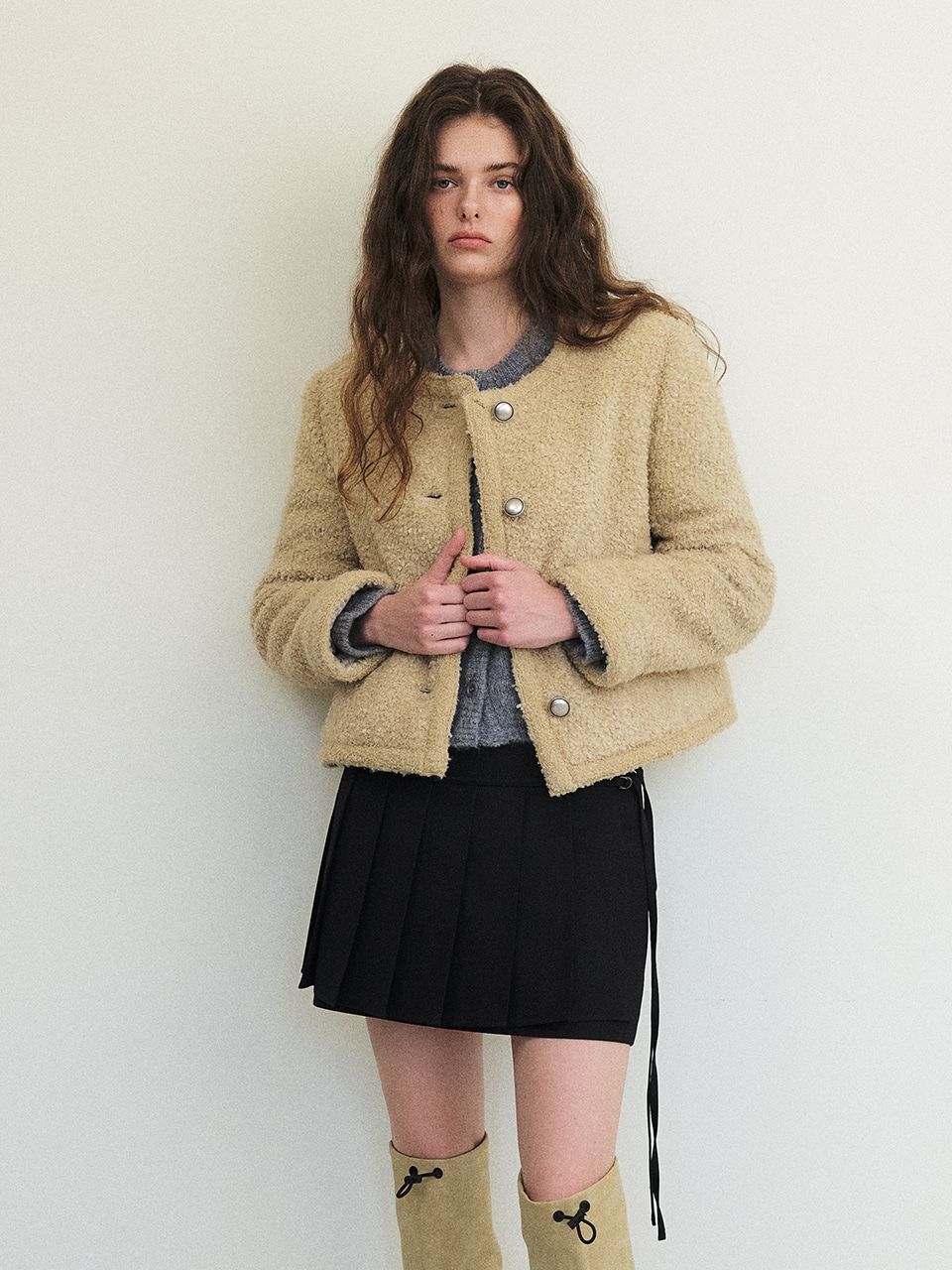ジャケット ETMON Hairy Fur Tweed Jacket, Cream MUSINSA | ETMON Trimmed Tweed Fur Jacket, Yellow Beige