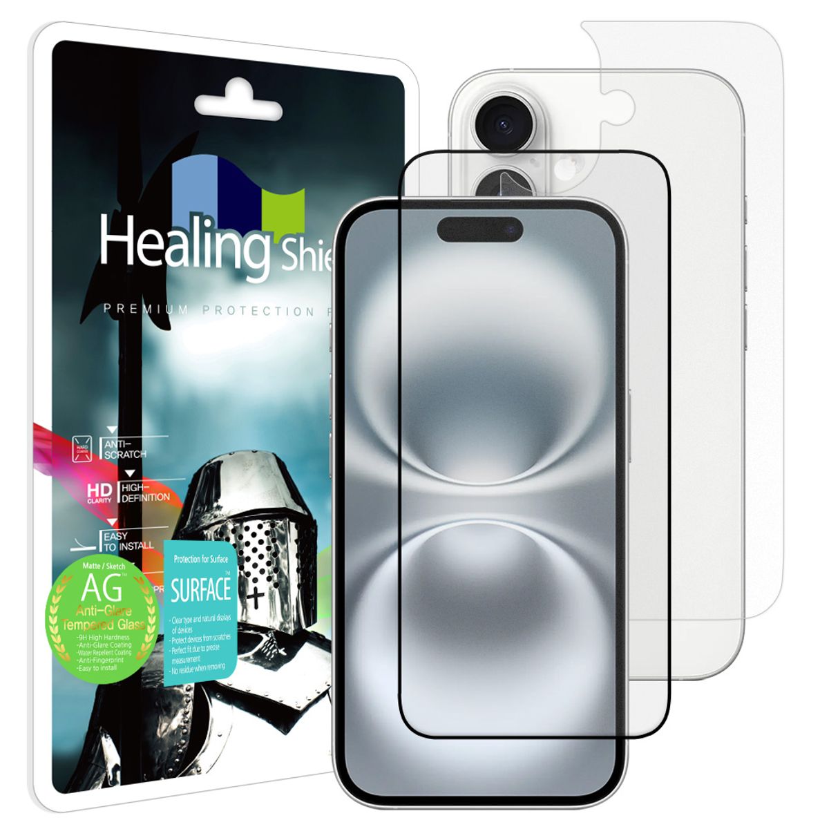 힐링쉴드(HEALINGSHIELD) 아이폰16 3D 풀커버 저반사 강화유리 액정보호필름 1매 후면1매