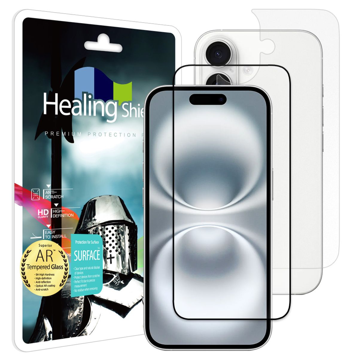 힐링쉴드(HEALINGSHIELD) 아이폰16 3D 풀커버 AR 고화질 강화유리 액정보호필름 1매 후면1매