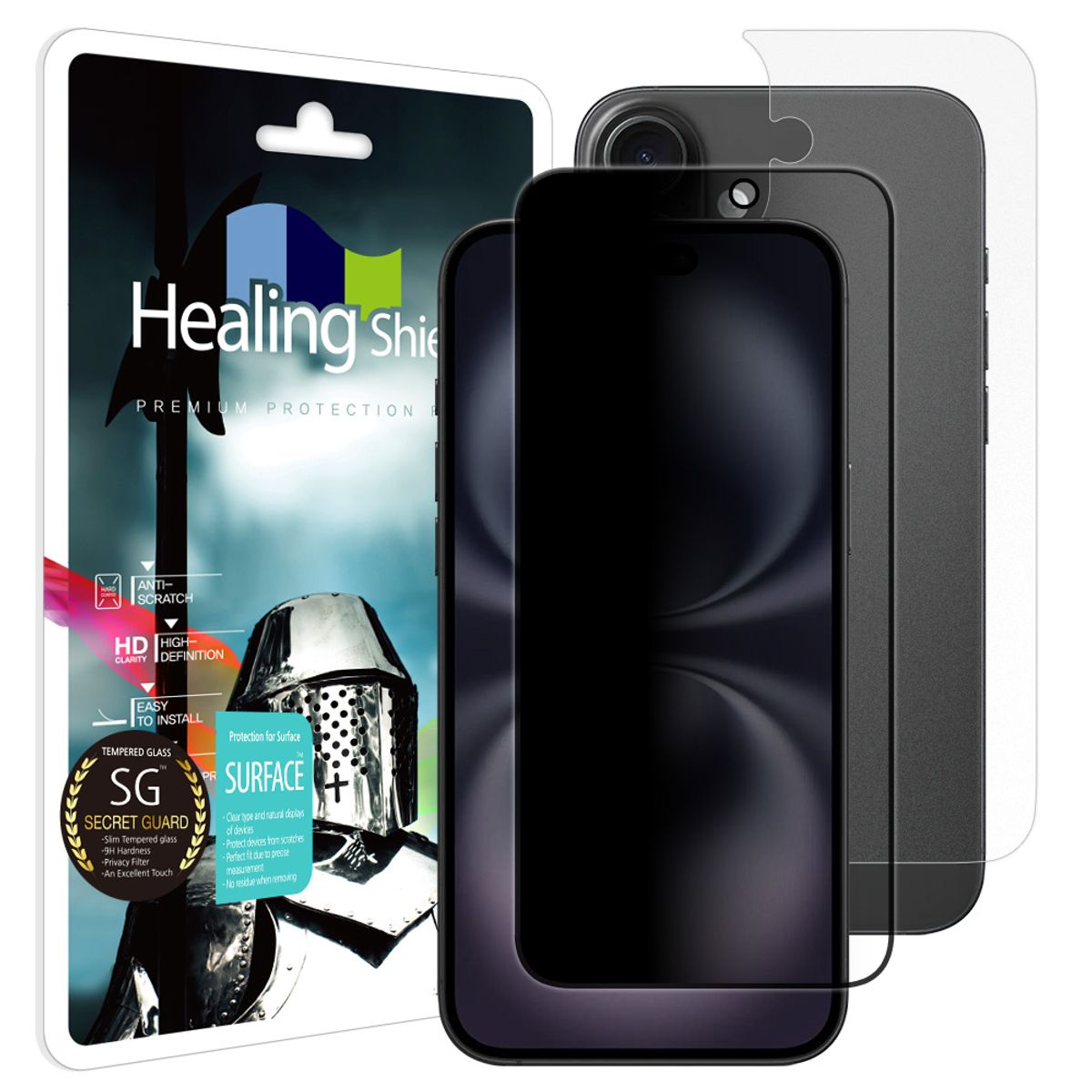 힐링쉴드(HEALINGSHIELD) 아이폰16 플러스 3D 풀커버 9H 사생활 정보보안 액정보호 강화유리필름 1매 후면1매