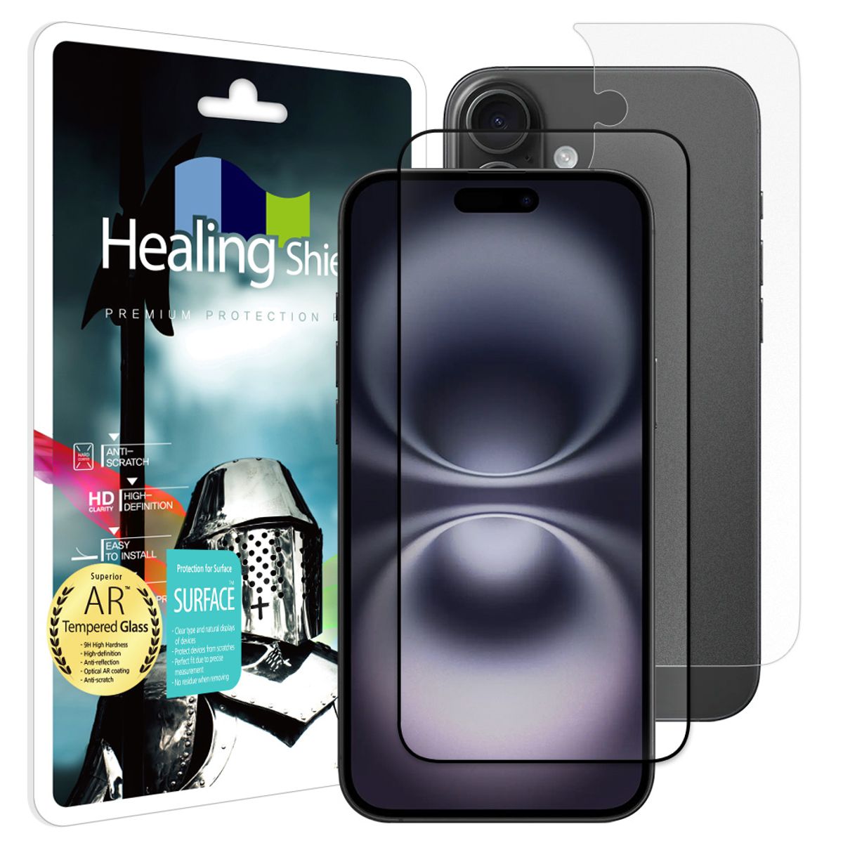힐링쉴드(HEALINGSHIELD) 아이폰16 플러스 3D 풀커버 AR 고화질 강화유리 액정보호필름 1매 후면1매