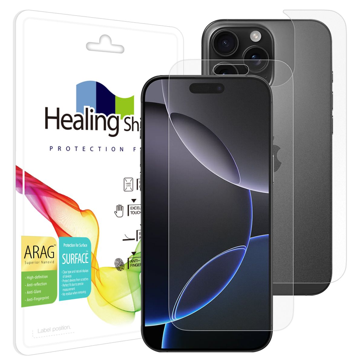 힐링쉴드(HEALINGSHIELD) 아이폰16 프로맥스 ARAG 고화질 저반사 액정보호필름 1매 후면1매