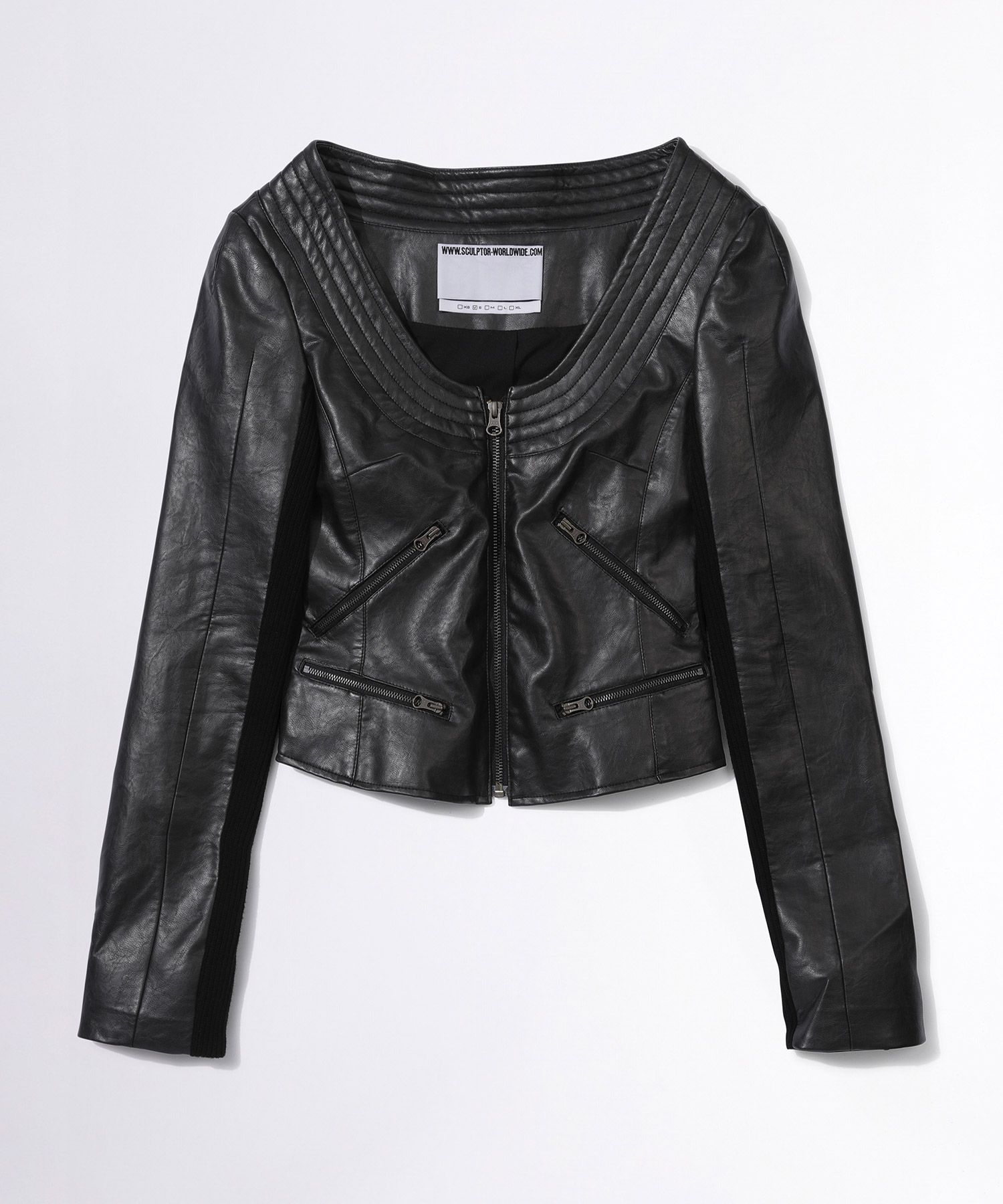 Portrait Neck Faux Leather Jacket Black
