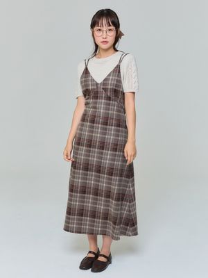 뷔스티에 맥시 원피스 -  체크 브라운