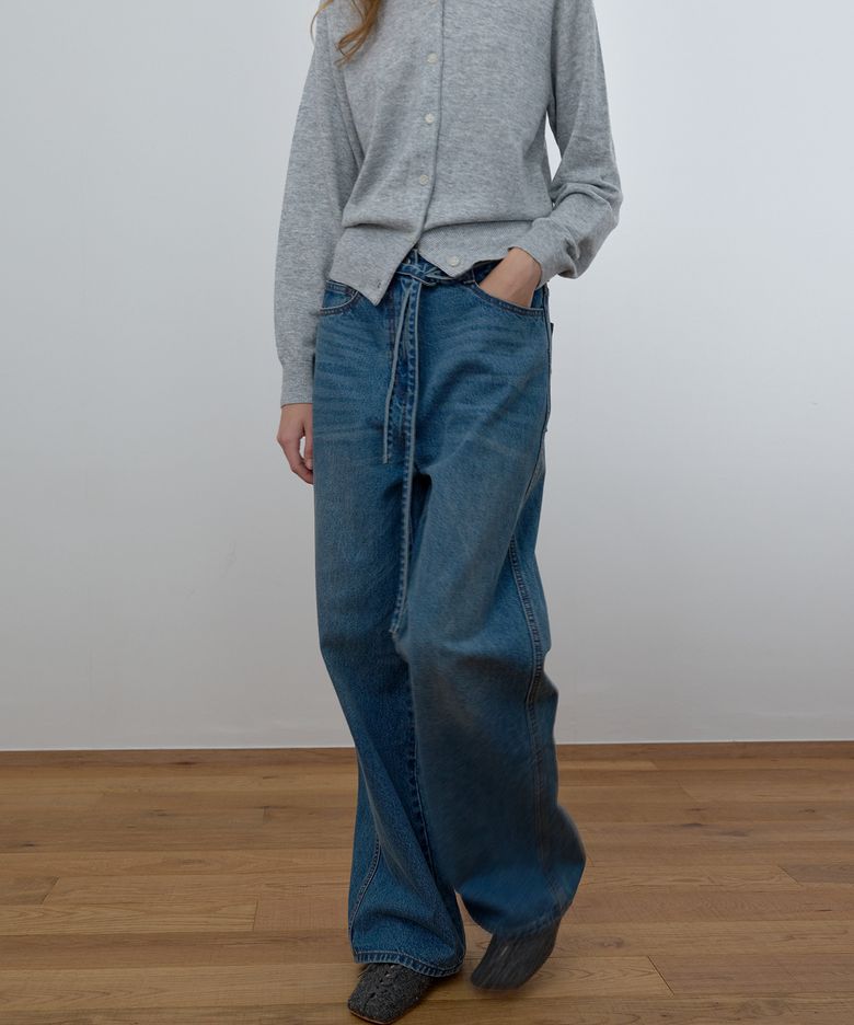 WIDE LEG BELTED JEANS, WASHED BLUE
