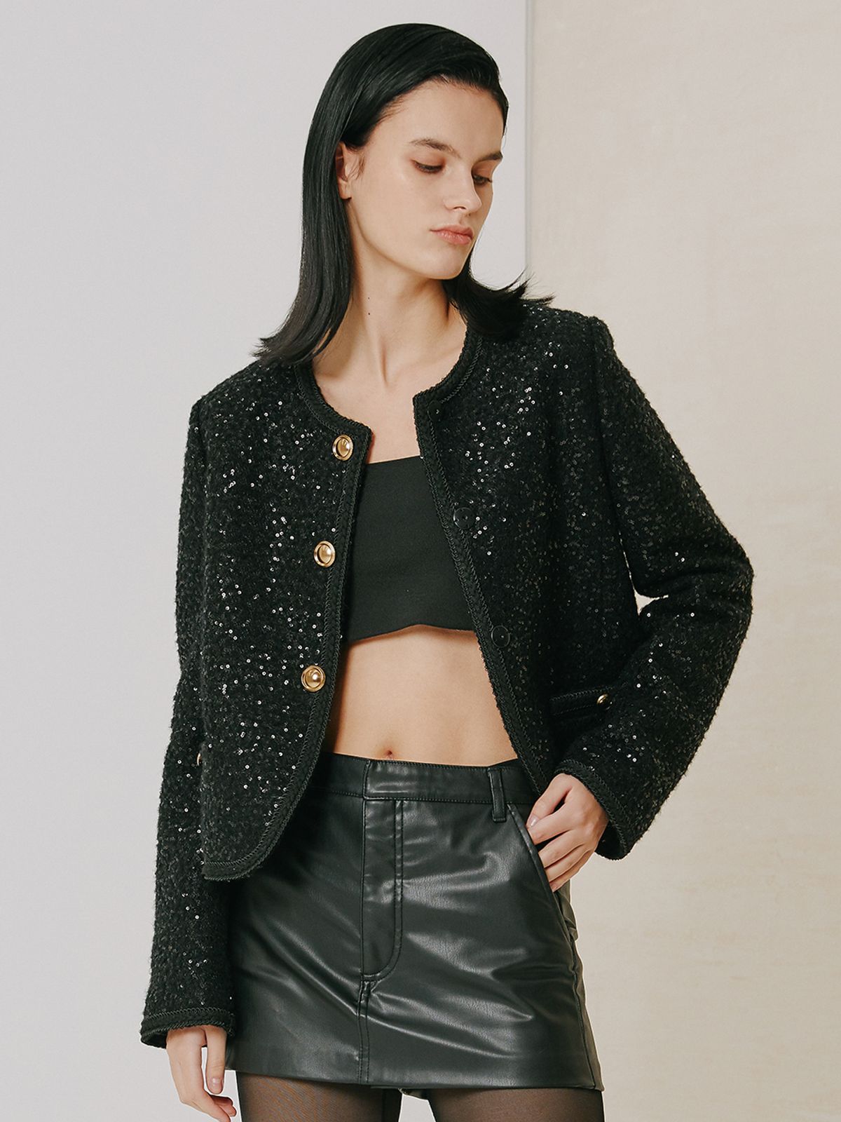 브이엔와이스튜디오(VNYSTUDIO) Glitter spangle no-collar jacket_YZAJKN6