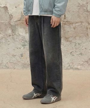 바이오워싱 원턱 와이드 데님 팬츠 [블랙]