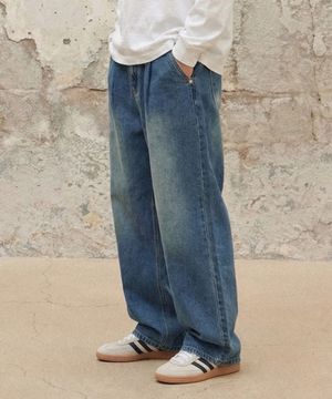 바이오워싱 원턱 와이드 데님 팬츠 [인디고]