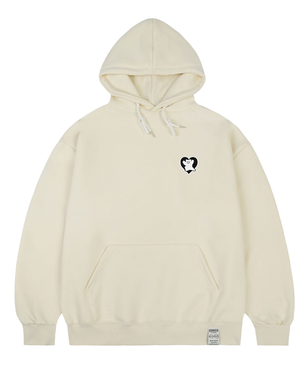 그레이버(GRAVER) [UNISEX]베어 하트 자수 후드티_크림/블랙 로고