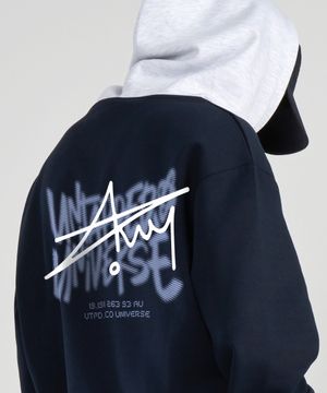유니버스 셀 시그니처 그래픽 오버핏 배색 후드티셔츠 네이비