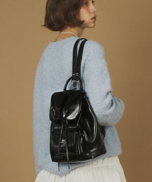 Leather shirring  mini flap backpack _ Black
