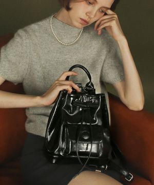 Leather ribbon string mini backpack _ Black