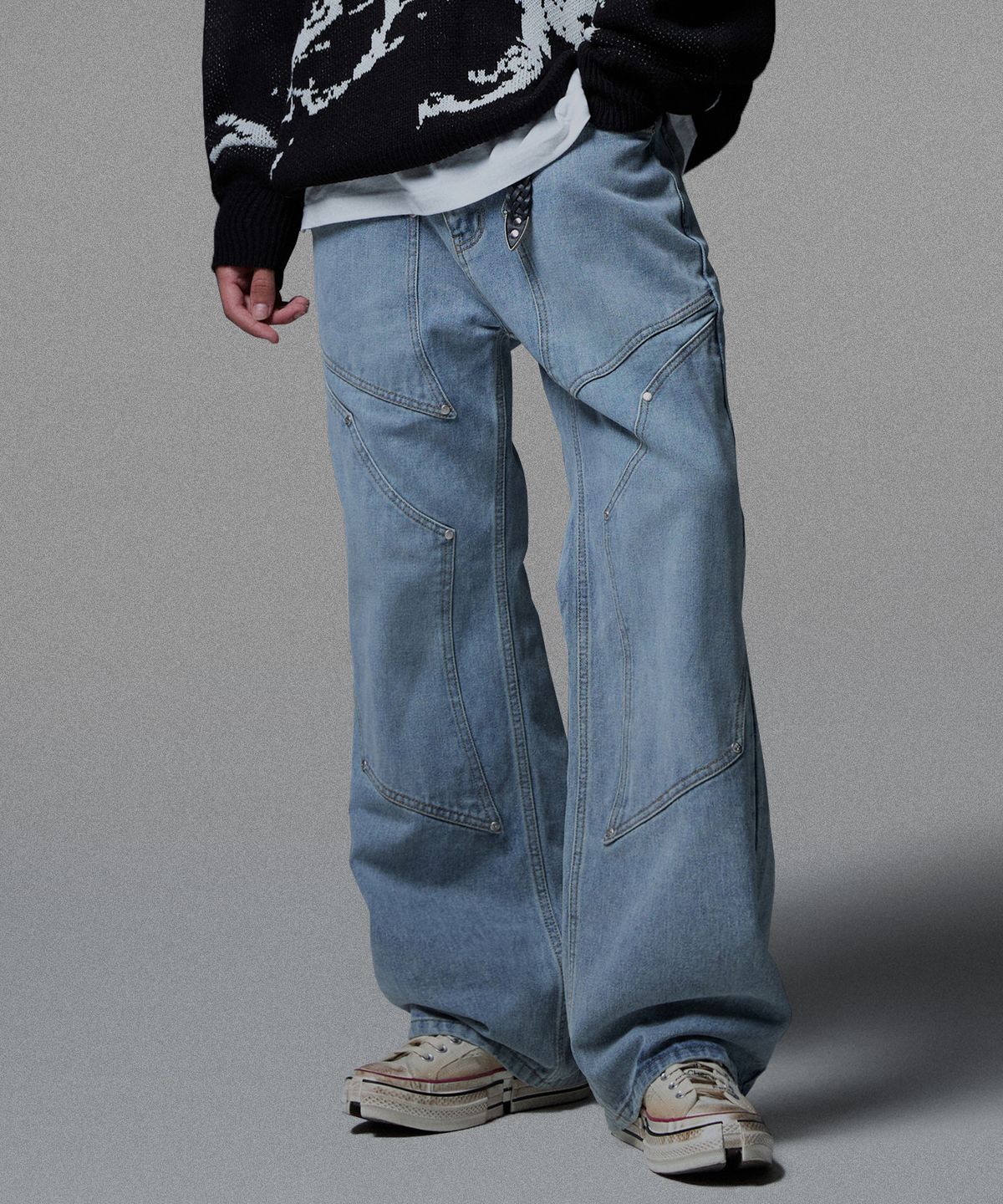 낫포너드(NOT4NERD) Stud 4 Knee Flare Fit Denim Pants - Light Blue