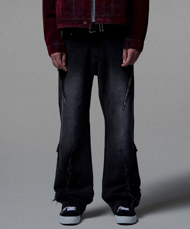 Cut Off Incision Semi Flare Fit Denim Pants - Black