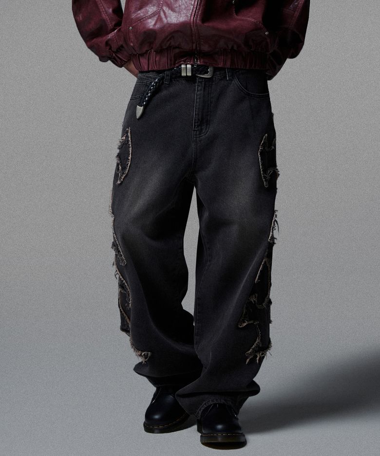 Tribal Cut Panel Denim Pants - Black