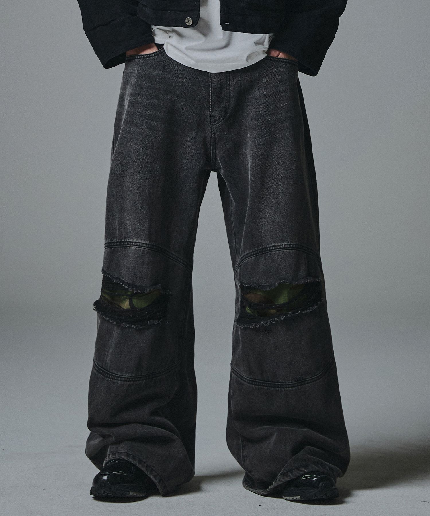 デニム・ジーパン NOT4NERD Camo Double Knee Flare Fit Denim Pants Black PTIL1 MUSINSA | NOT4NERD Camo Double Knee Flare Fit Denim Pants