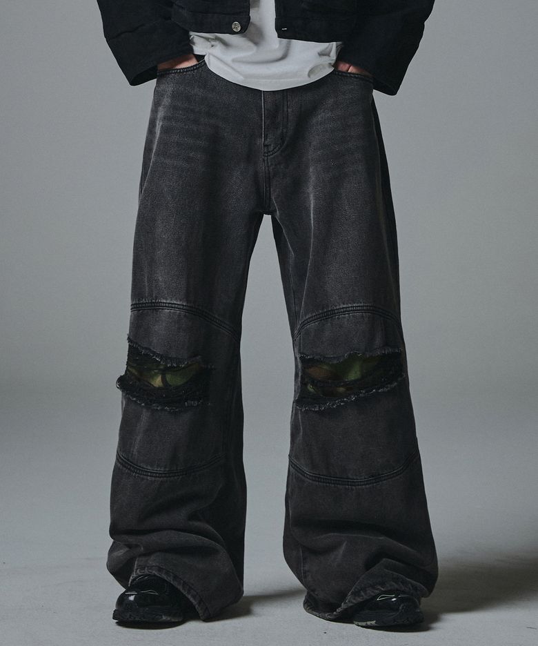 Camo Double Knee Flare Fit Denim Pants - Black