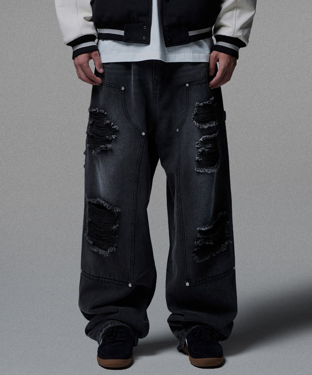 낫포너드(NOT4NERD) Destroyed Double Knee Carpenter Pants - Black