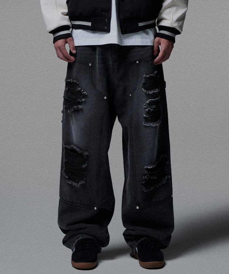 Destroyed Double Knee Carpenter Pants - Black