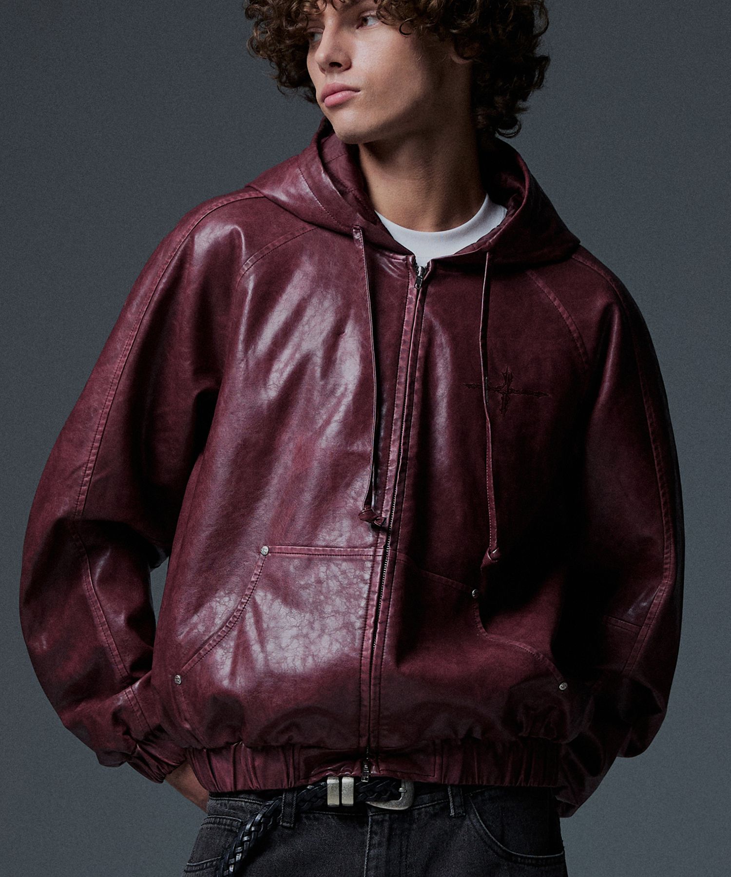 【NOT4NERD】 Crop Leather Vintage Hooded Jacket ★3色 MUSINSA | NOT4NERD Crop Leather Vintage Hooded Jacket - Charcoal