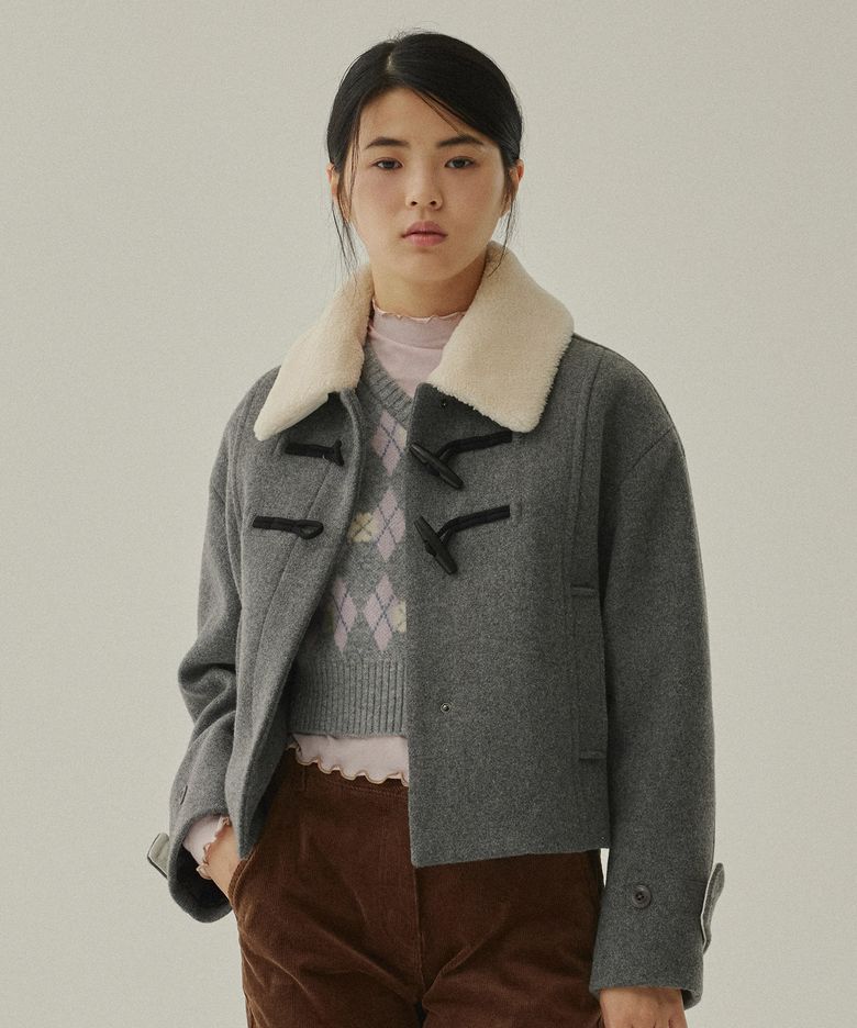 우먼 크롭 시어링 카라 더플 코트 Charcoal