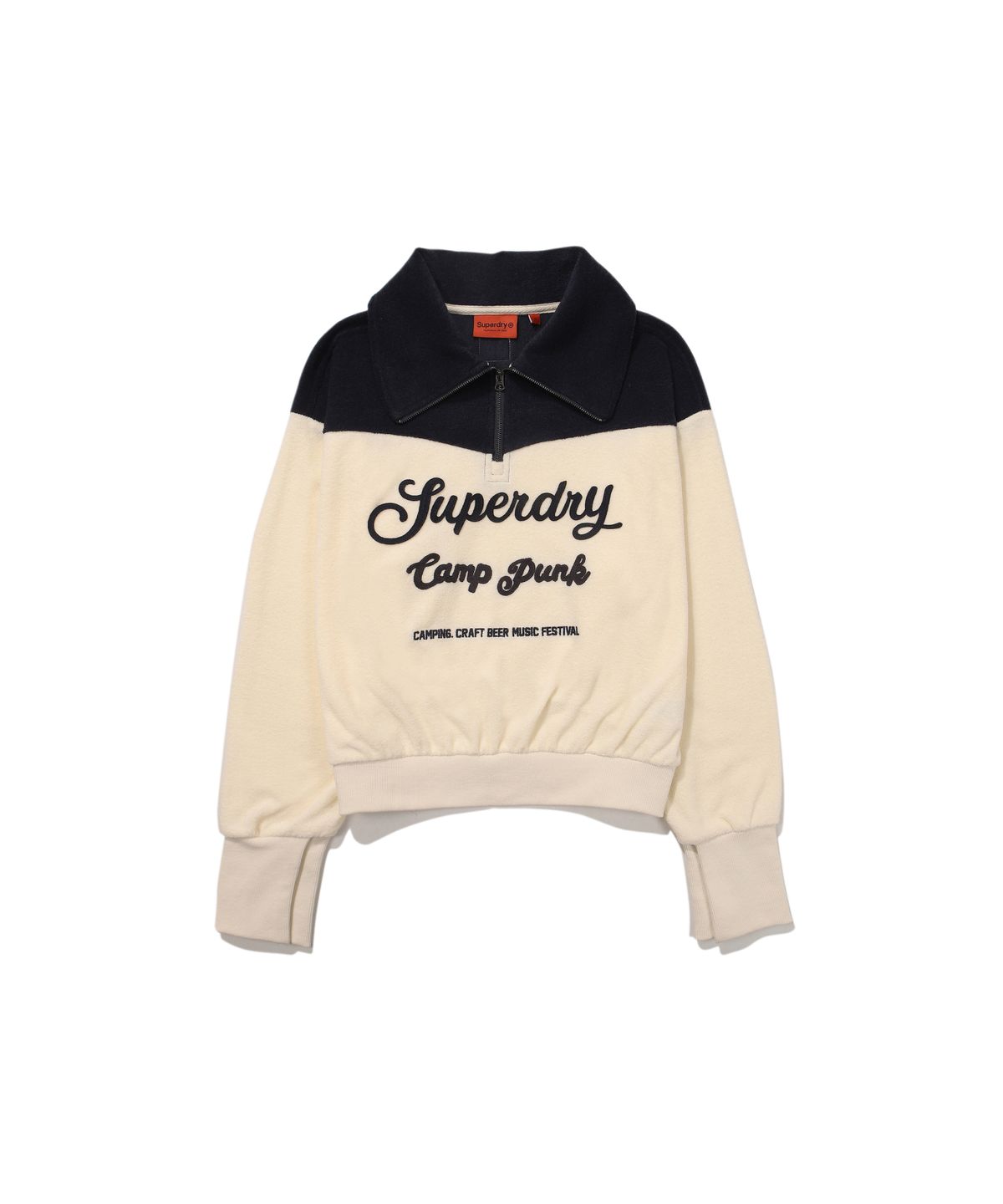 슈퍼드라이(SUPERDRY) W 캠프 크롭 하프 집업 맨투맨 아이보리