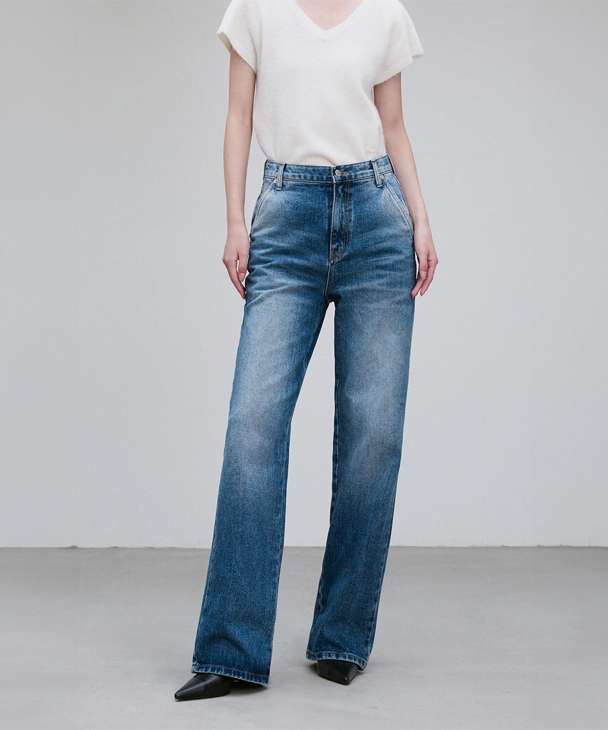 리이(RE RHEE) WASHED WIDE-LEG DENIM PANTS