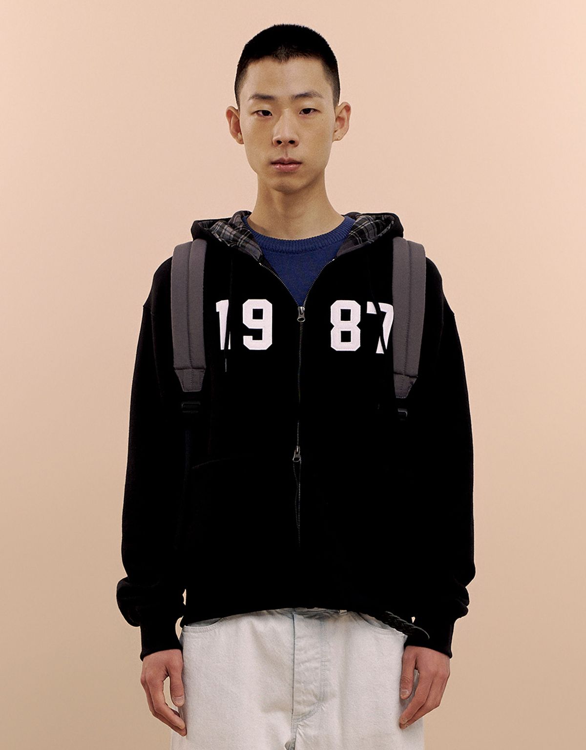 엠엠엘지(MMLG) [Mmlg] CHECK PATTERN HOOD ZIPUP (EVERY BLACK)