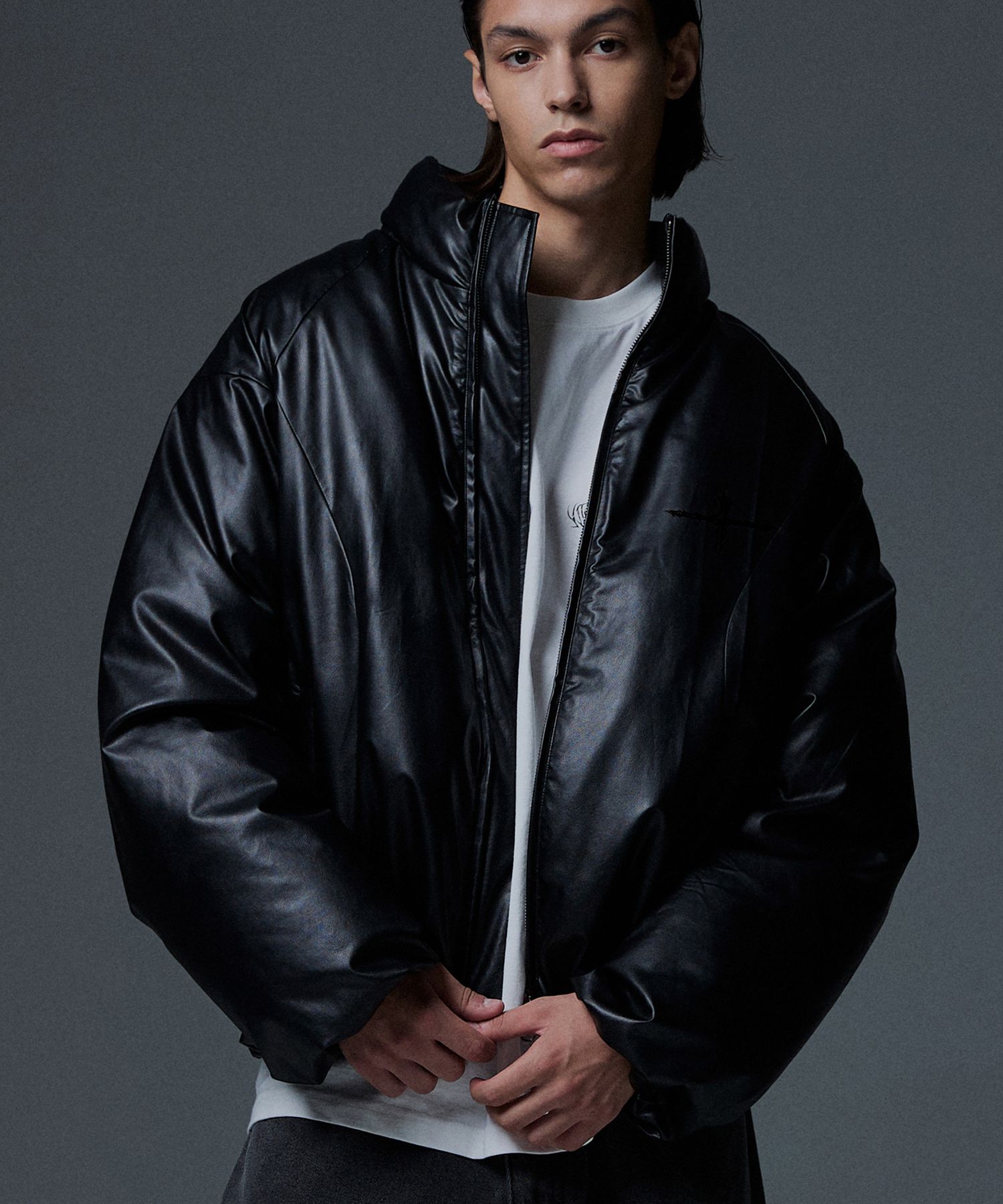 ダウンジャケット NOT4NERD Leather Incision Puffer Jacket Black PD020BK NOT4NERD Leather Incision Puffer Jacket Black PD020BK