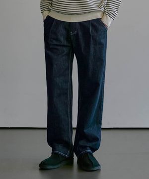 DPT_007 논페이드 투턱 와이드 데님 팬츠_네이비