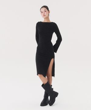 KNIT LONG SLIT DRESS_melange grey