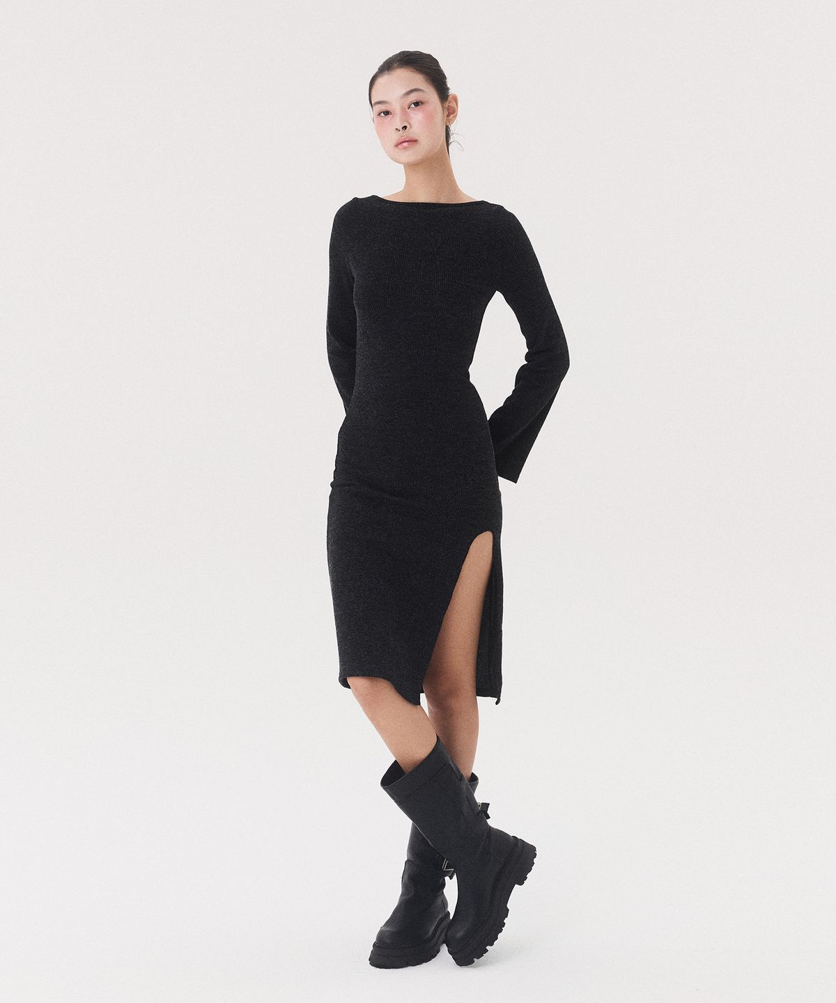 꾸아페(QUAFE) KNIT LONG SLIT DRESS_melange grey