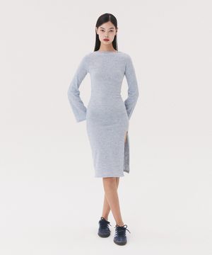 KNIT LONG SLIT DRESS_melange blue