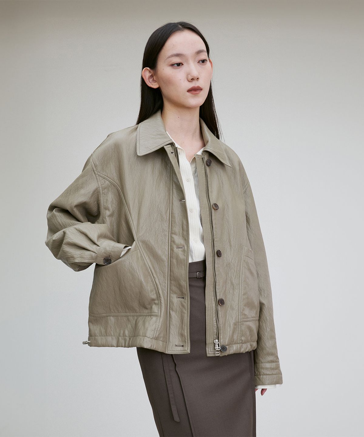 리이(RE RHEE) DRAWSTRING HEM FAUX LEATHER JACKET