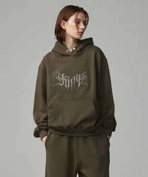 오버핏 스트릿 레터링 자수 후드티 카키