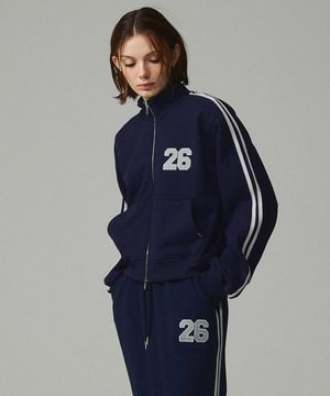 26 스포티 자수 투웨이 크롭 집업 네이비