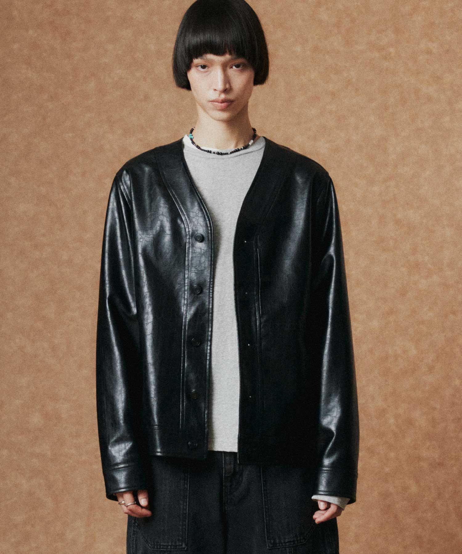 MUSINSA公式 | WMC ノーカラー フォックスレザー ジャケット_BLACK