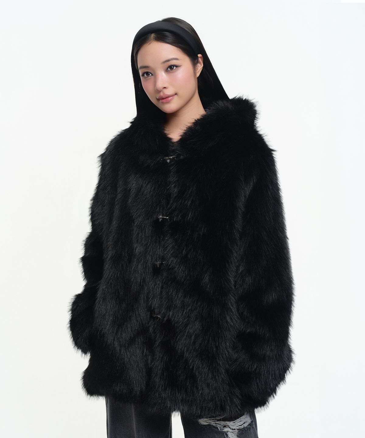 엔와이엑스엑스(NYXX) HOODED FUR COAT BLACK