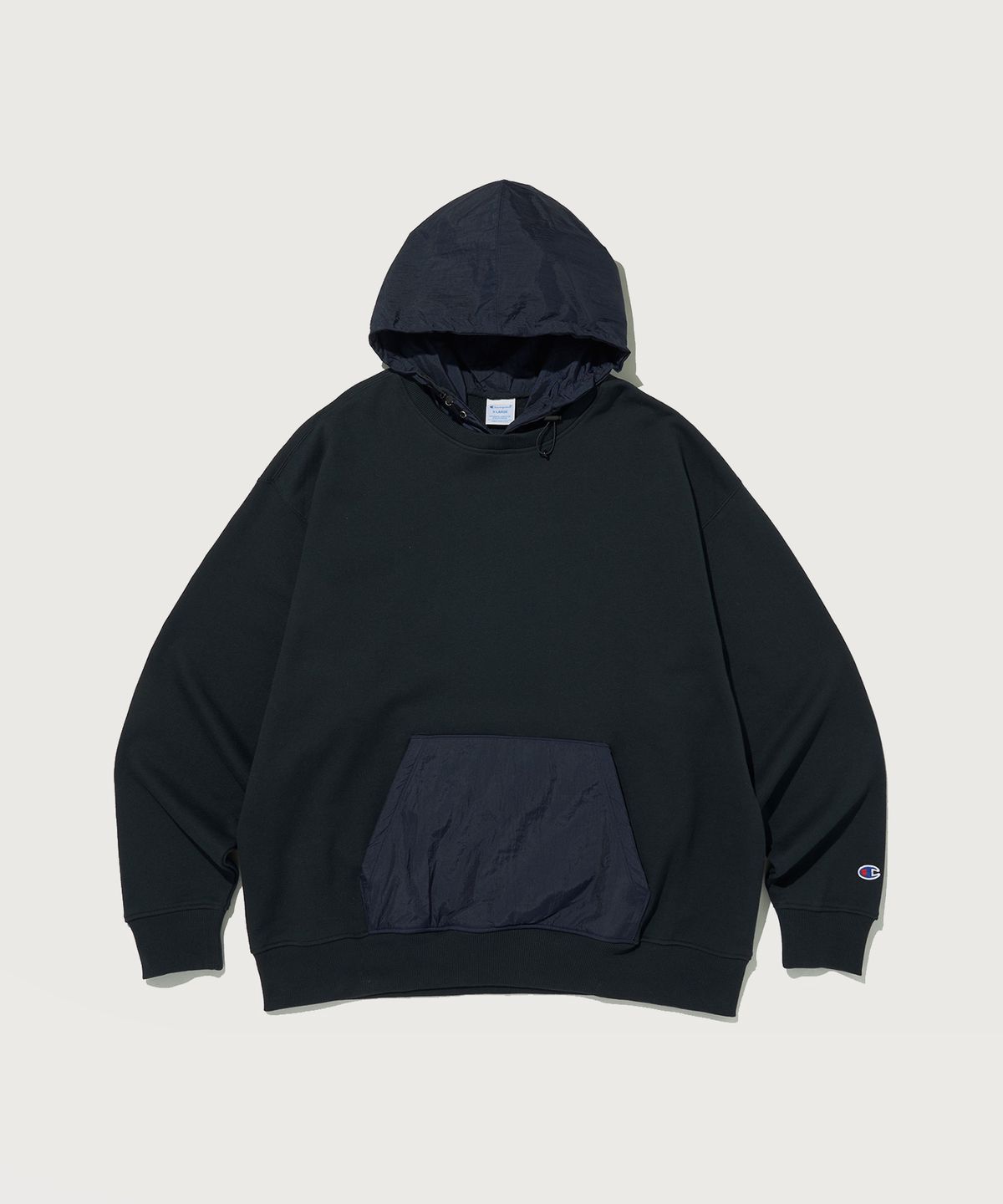 챔피온(CHAMPION) 우븐 믹스 스트링 후드 티셔츠 Normal Navy