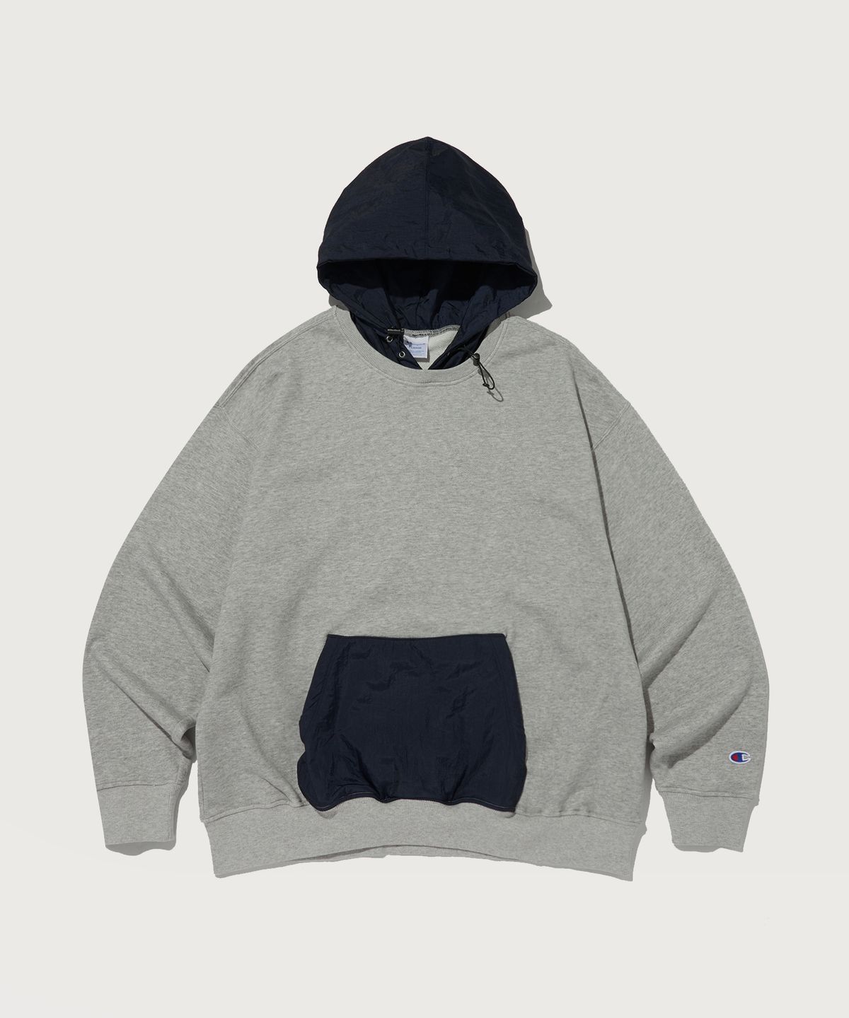 챔피온(CHAMPION) 우븐 믹스 스트링 후드 티셔츠 Normal Grey