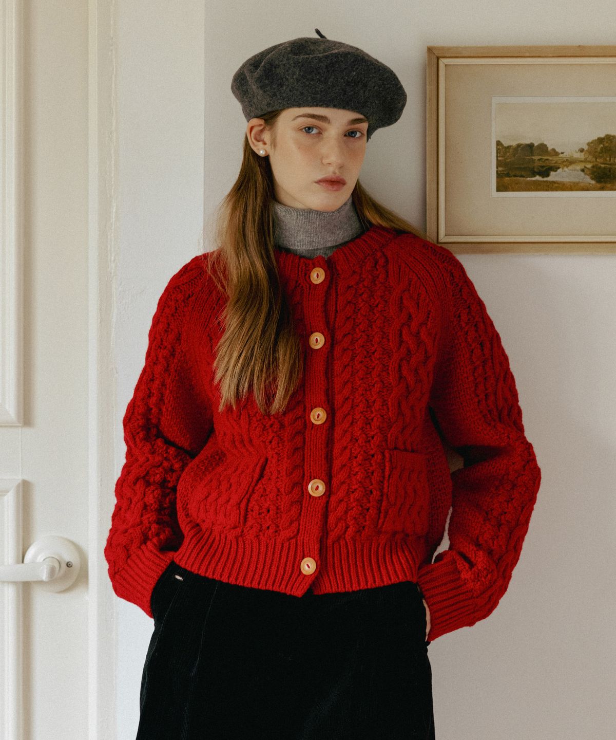 튜드먼트(TTUDEMENT) CABLE CARDIGAN RED