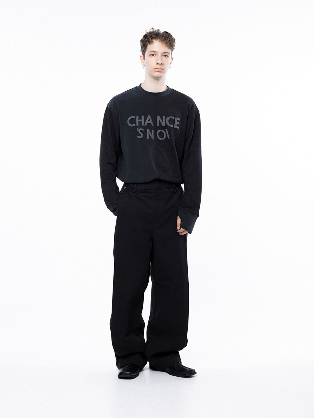 챈세스노이(CHANCE'S NOI) Side Tuck Wide Cotton Slacks - Black /M243PT04BK