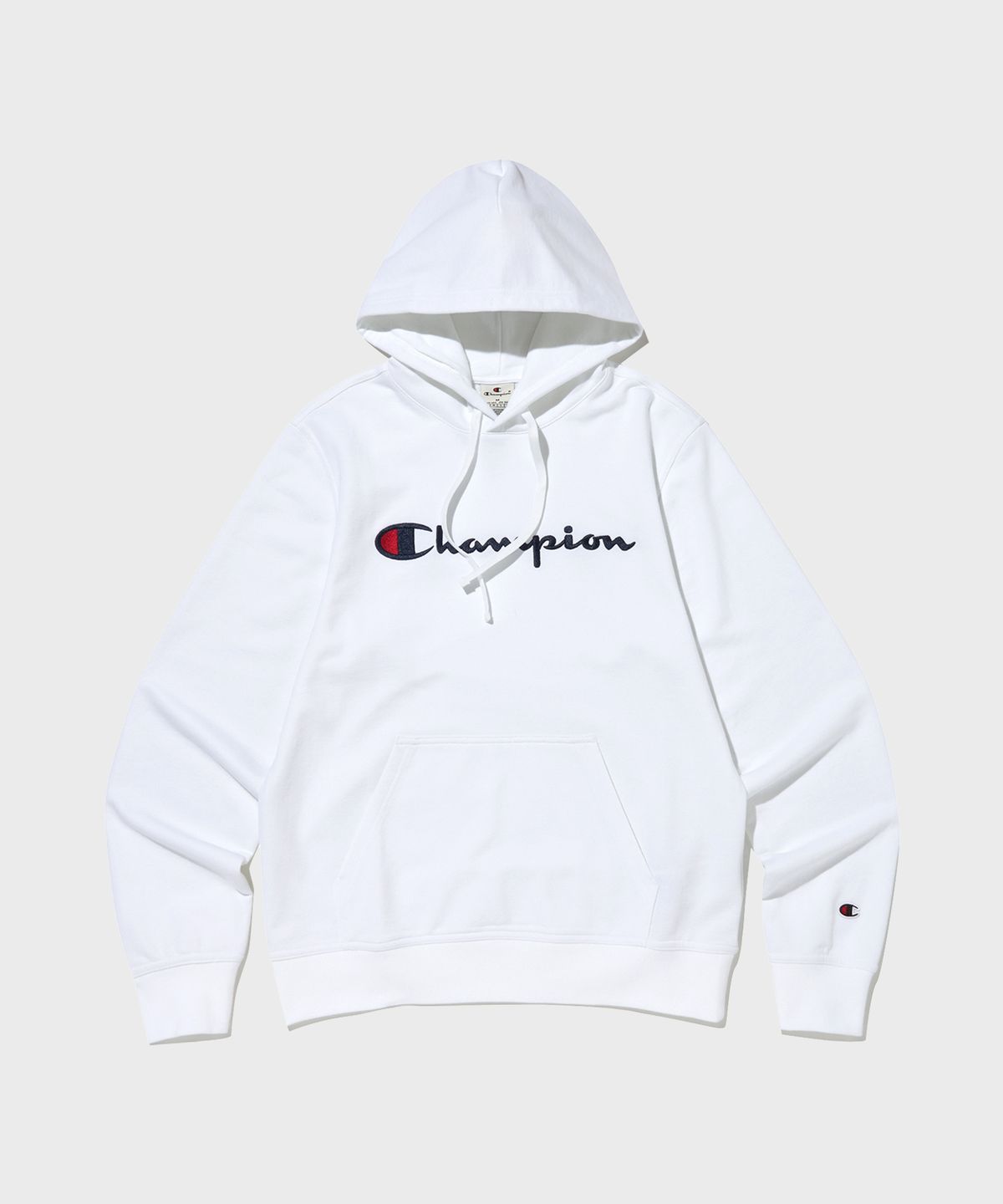 챔피온(CHAMPION) 빅 스크립트 로고 후드 티셔츠 White