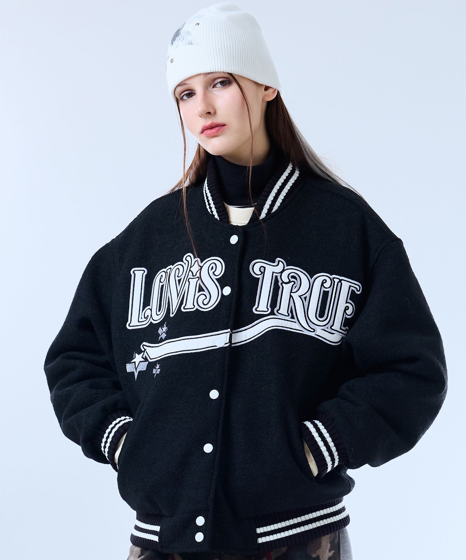 MUSINSA | LUV IS TRUE FS LUV VARSITY JACKET(BLACK)